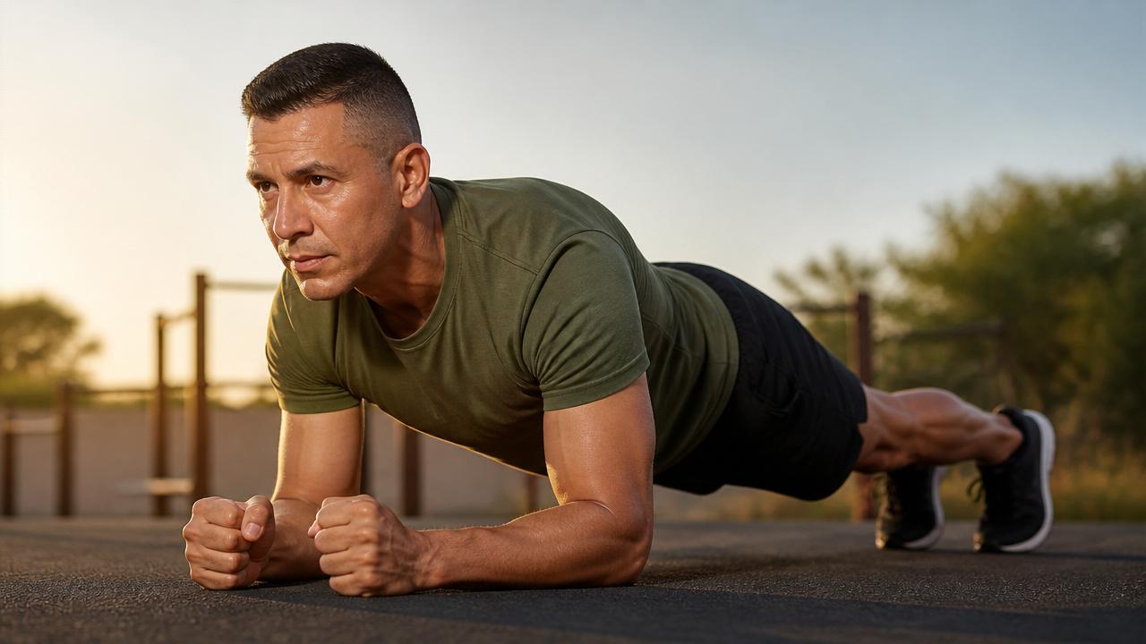 Middle-aged man performing push-ups